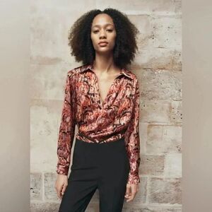 ZARA FLOWY PRINTED SATIN EFFECT BLOUSE